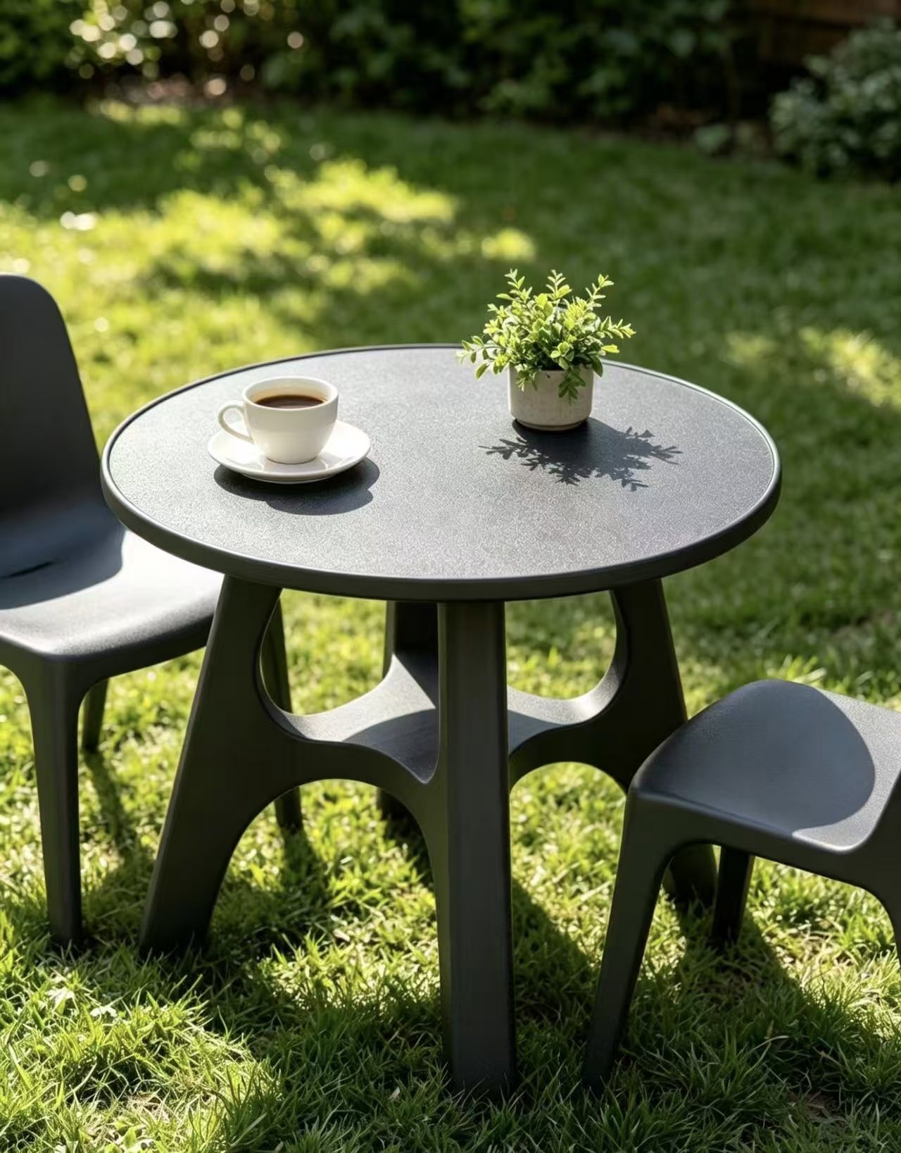 Round table and seating in a pet-friendly outdoor space